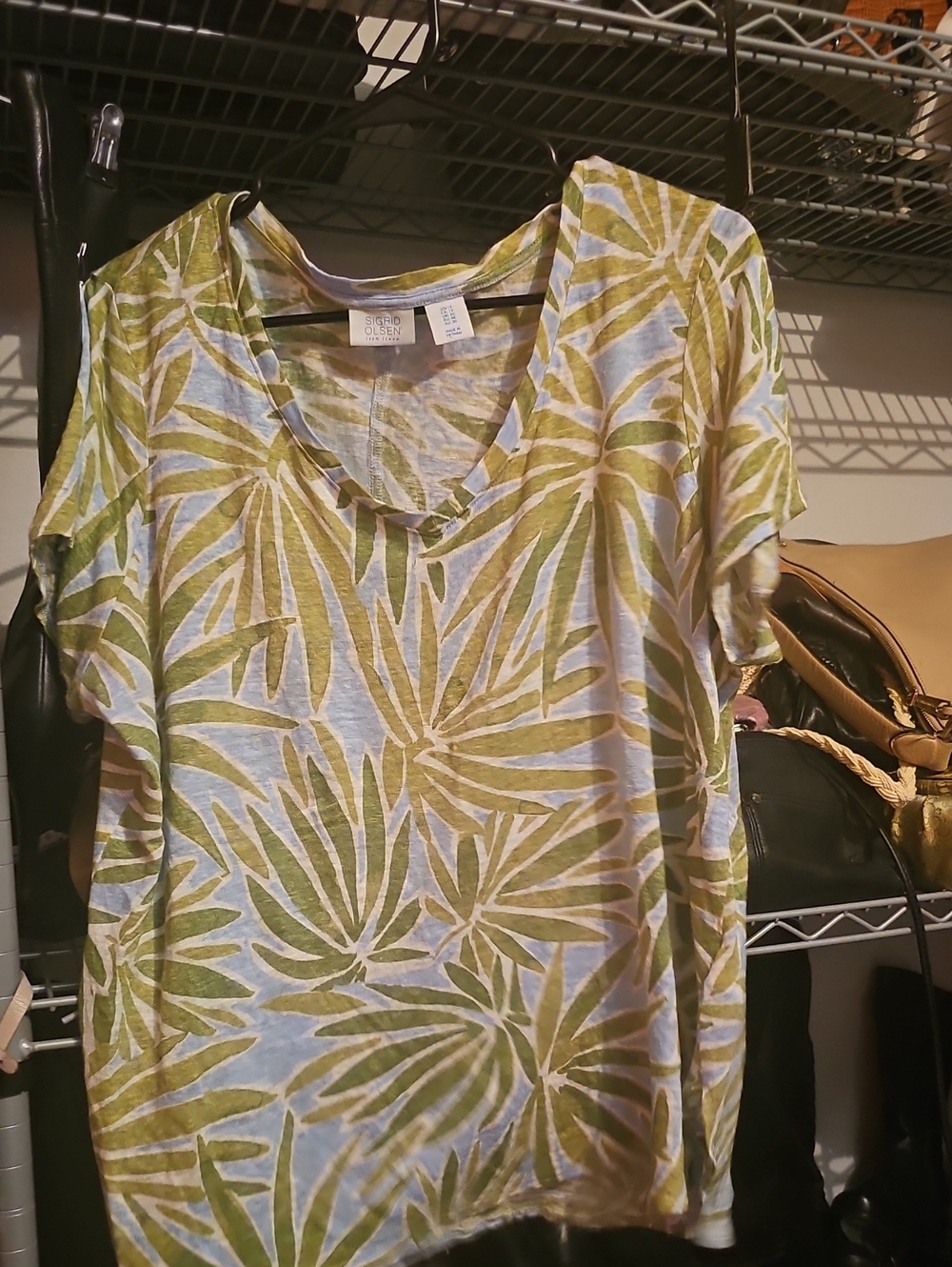Sigrid Olsen  Olive Palm-Print V-Neck Short Sleeve Tee